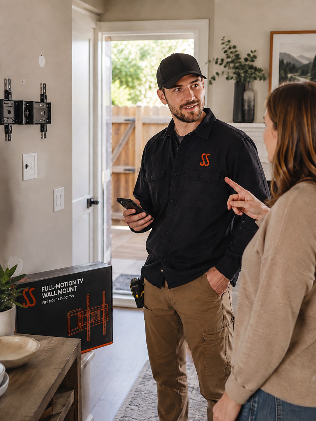 Handyman with a phone talking with a homeowner in her living room while she points at the wall where a TV mount will be installed