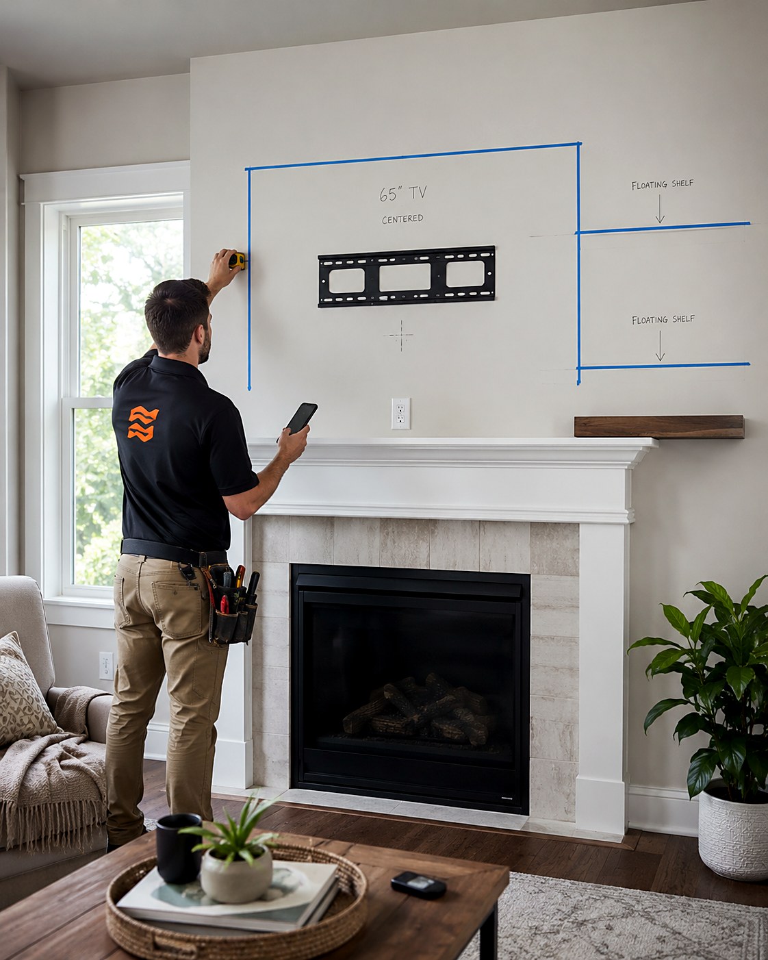 Handyman with a phone and tape measure laying out a TV mount and two floating shelves on the wall above a fireplace using painter's tape