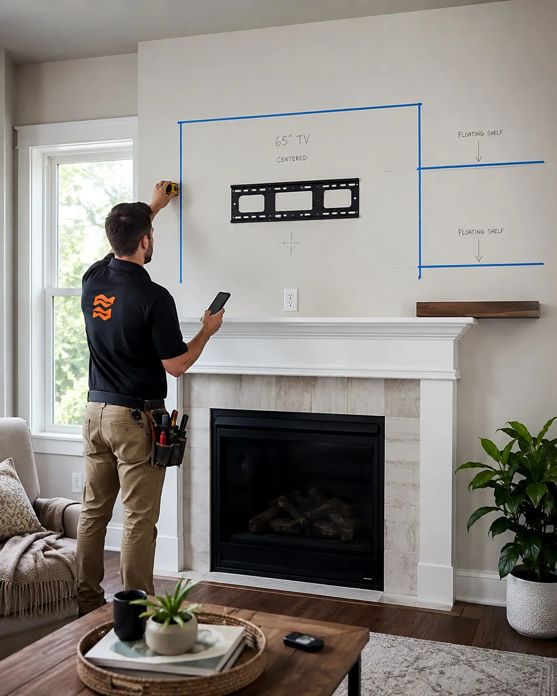 Handyman with a phone and tape measure laying out a TV mount and two floating shelves on the wall above a fireplace using painter's tape