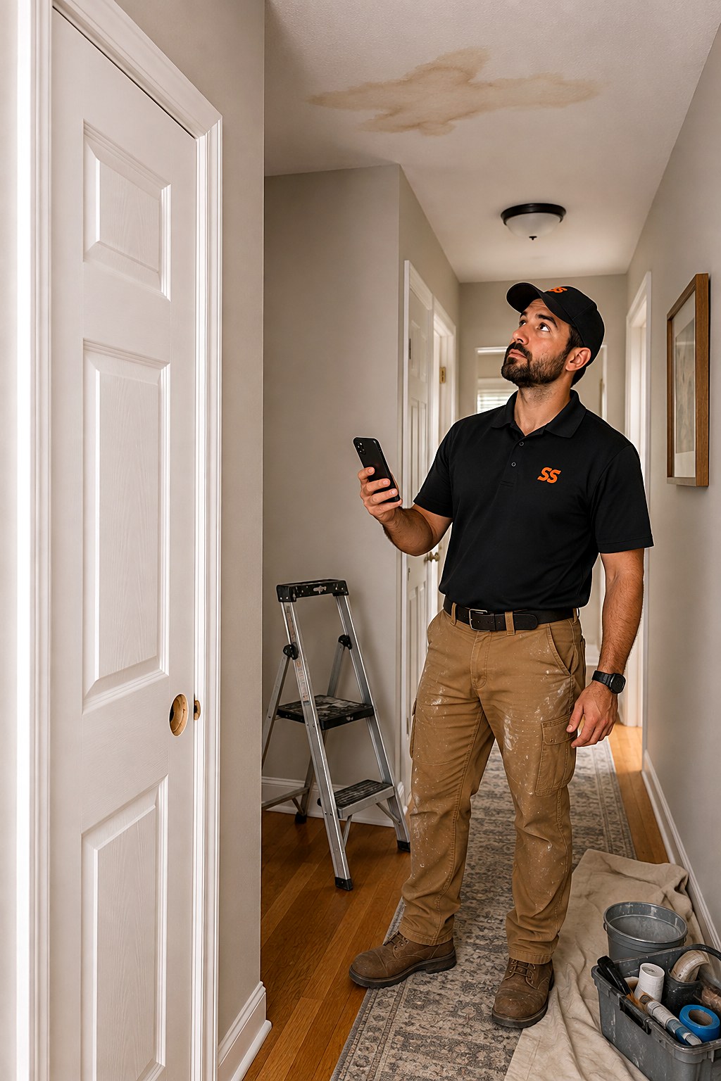 Handyman with a phone photographing a brown water stain on a hallway ceiling, with a step ladder, drop cloth and patching supplies staged nearby