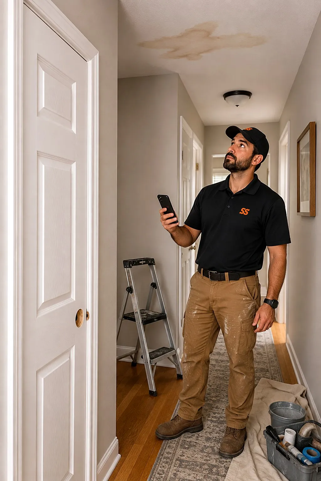 Handyman with a phone photographing a brown water stain on a hallway ceiling, with a step ladder, drop cloth and patching supplies staged nearby