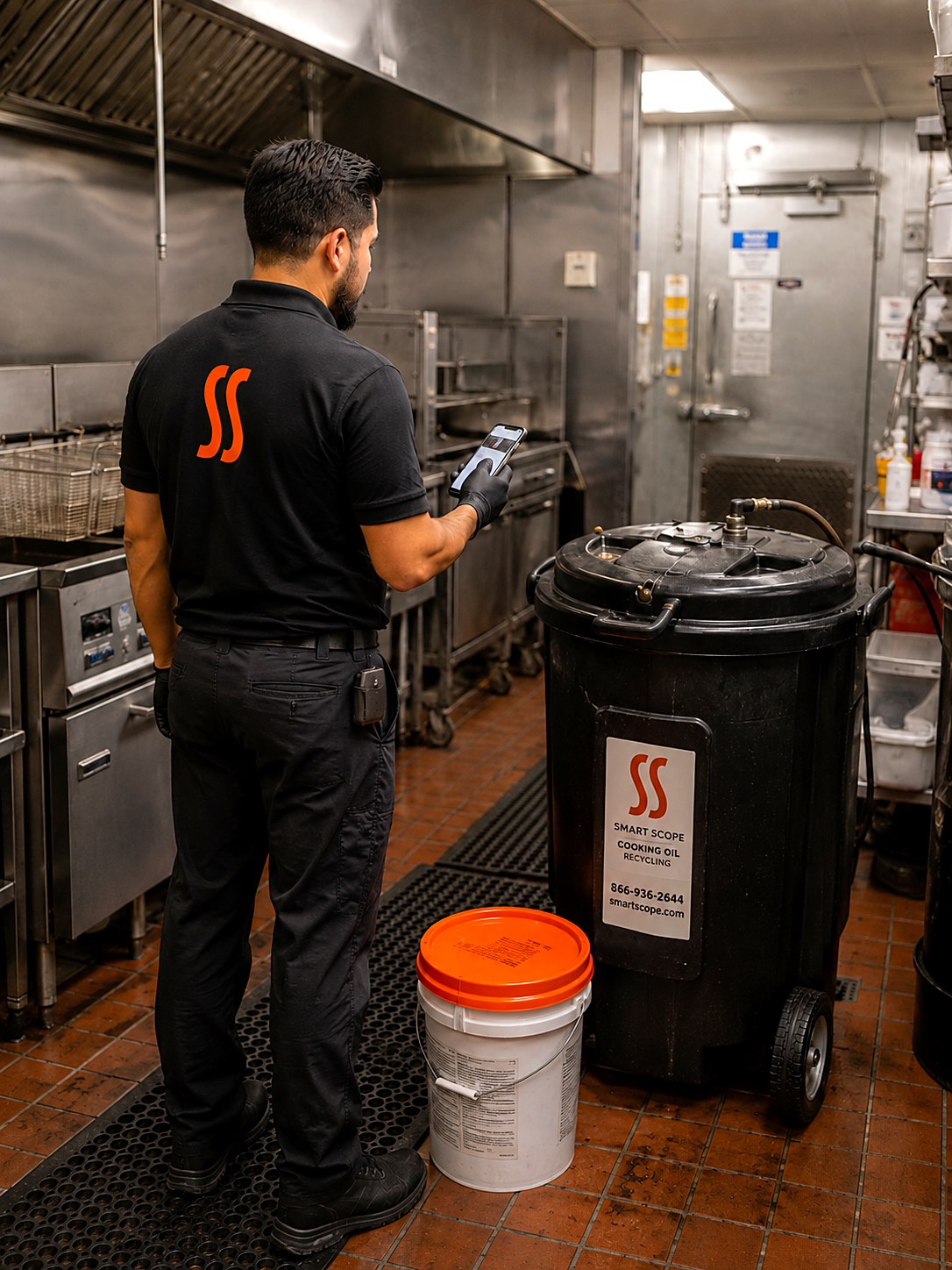 Cooking oil recycling rep with a phone beside a wheeled used-oil collection container in a commercial kitchen next to the fryer line