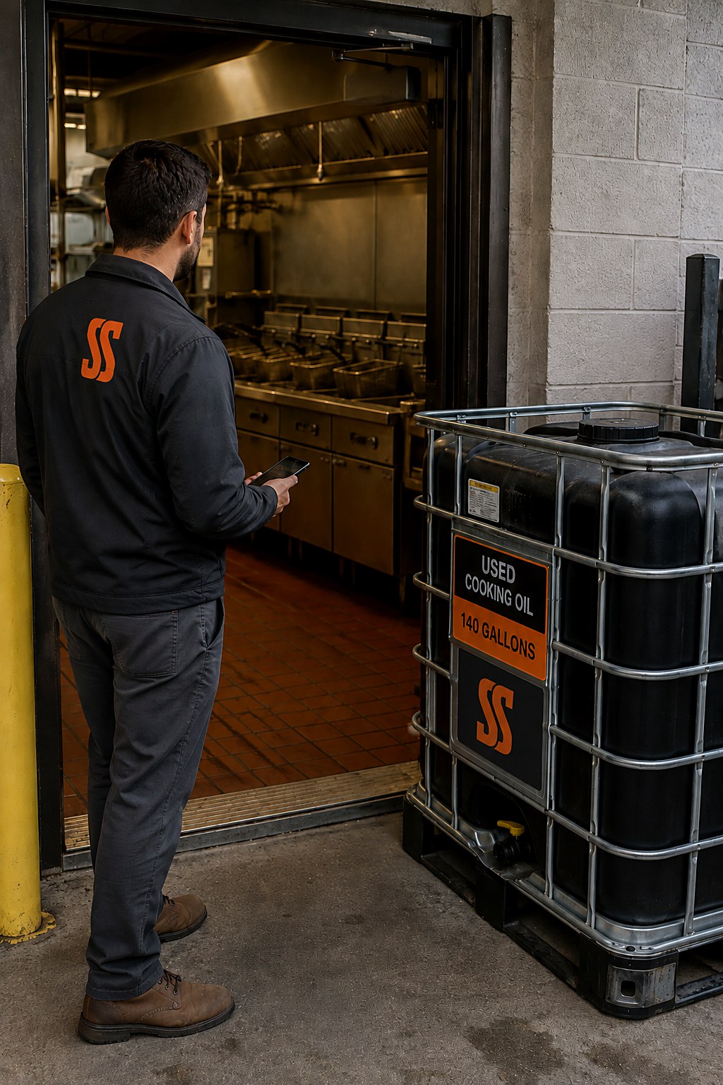 Cooking oil recycling rep with a phone at a restaurant back door looking in at a four-fryer line, with a caged 140-gallon used oil container staged on the dock