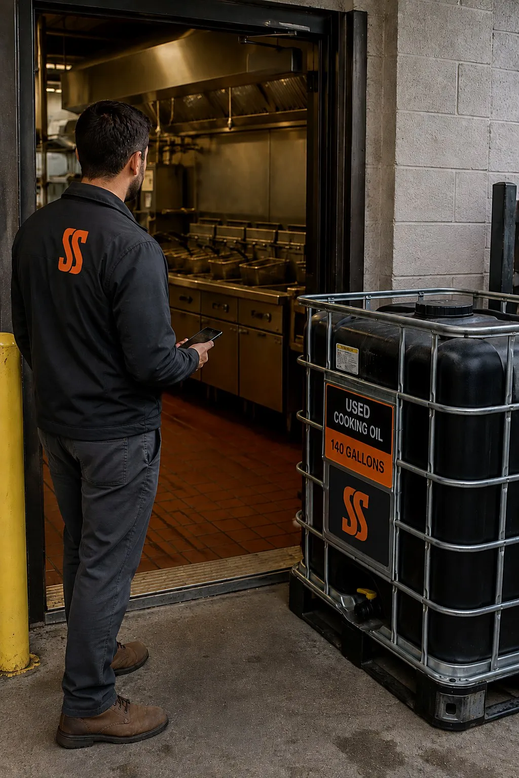 Cooking oil recycling rep with a phone at a restaurant back door looking in at a four-fryer line, with a caged 140-gallon used oil container staged on the dock