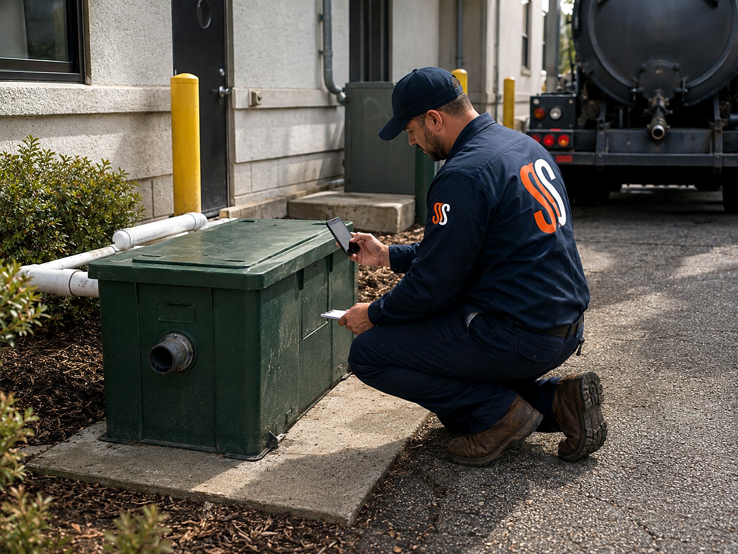 Technician opening an outdoor grease trap beside a restaurant with a suction hose run from a pump truck parked in the lot