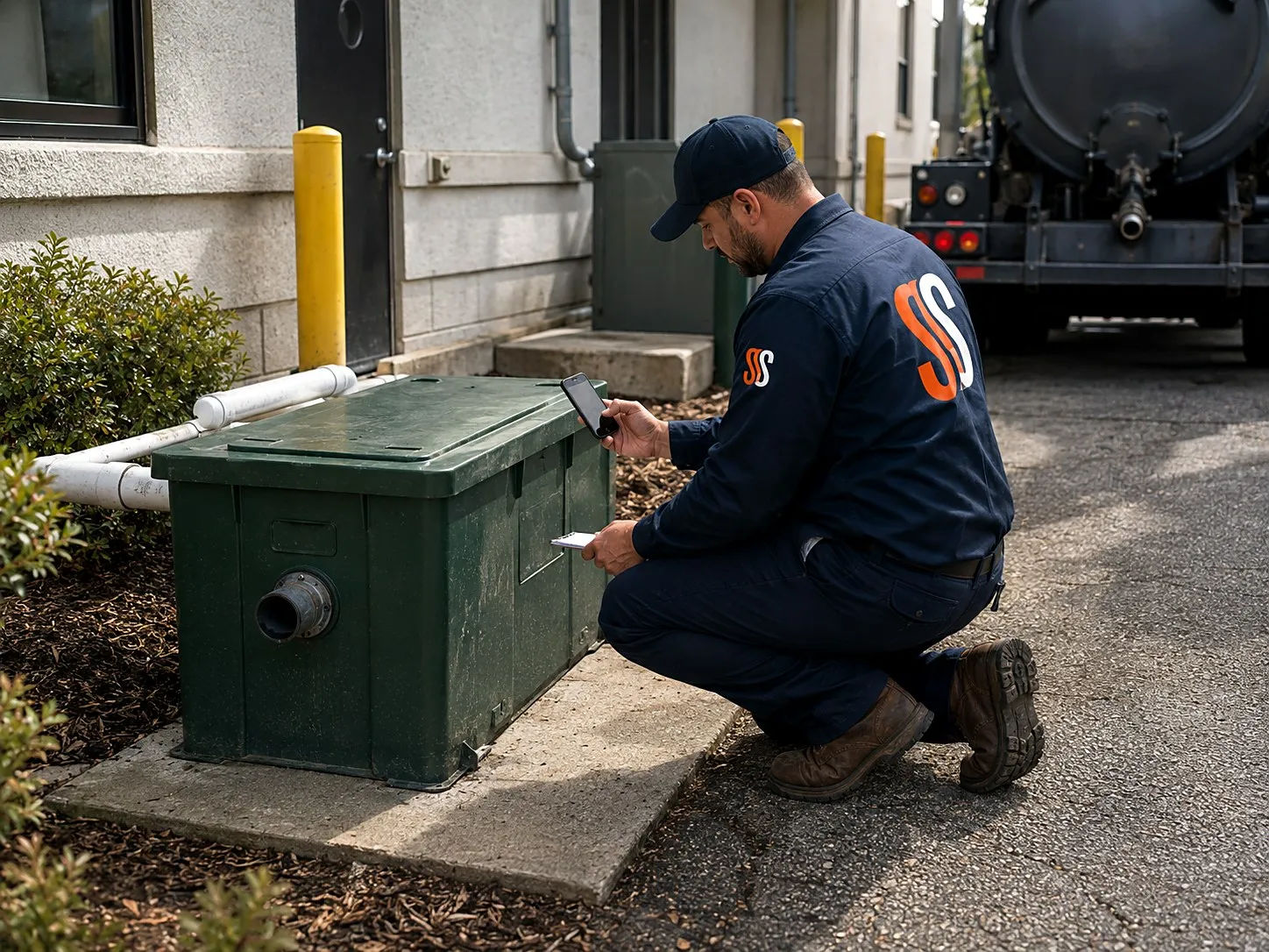 Technician opening an outdoor grease trap beside a restaurant with a suction hose run from a pump truck parked in the lot