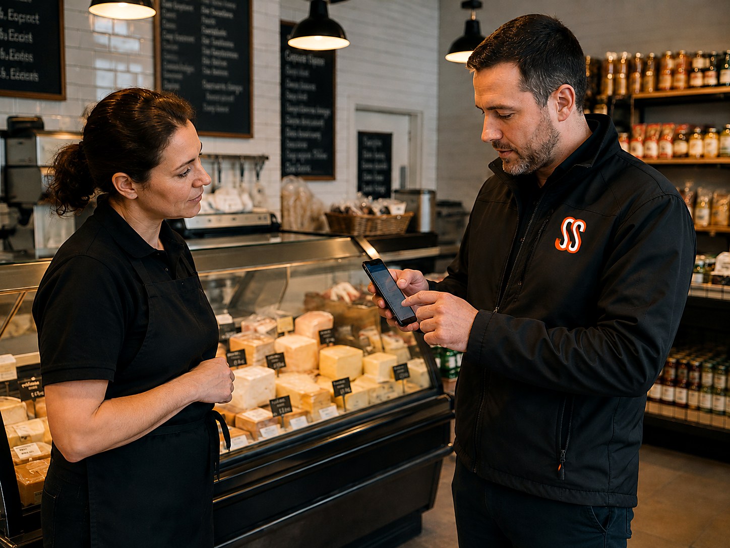 Smart Scope rep showing a quote on his phone to a deli manager standing at the cheese case inside a grocery store