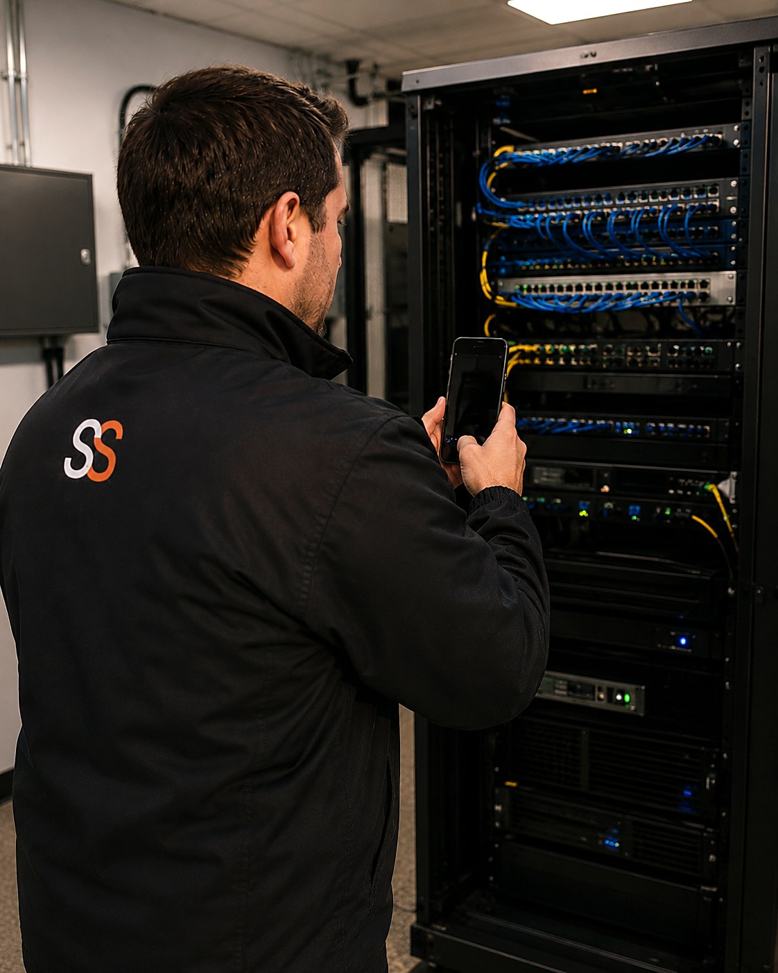 IT technician photographing an open network rack with patch panels, switches and servers during a site walk