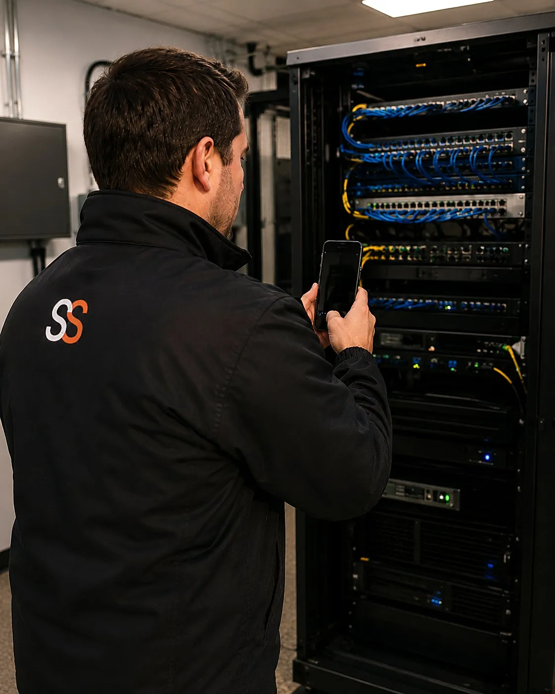 IT technician photographing an open network rack with patch panels, switches and servers during a site walk