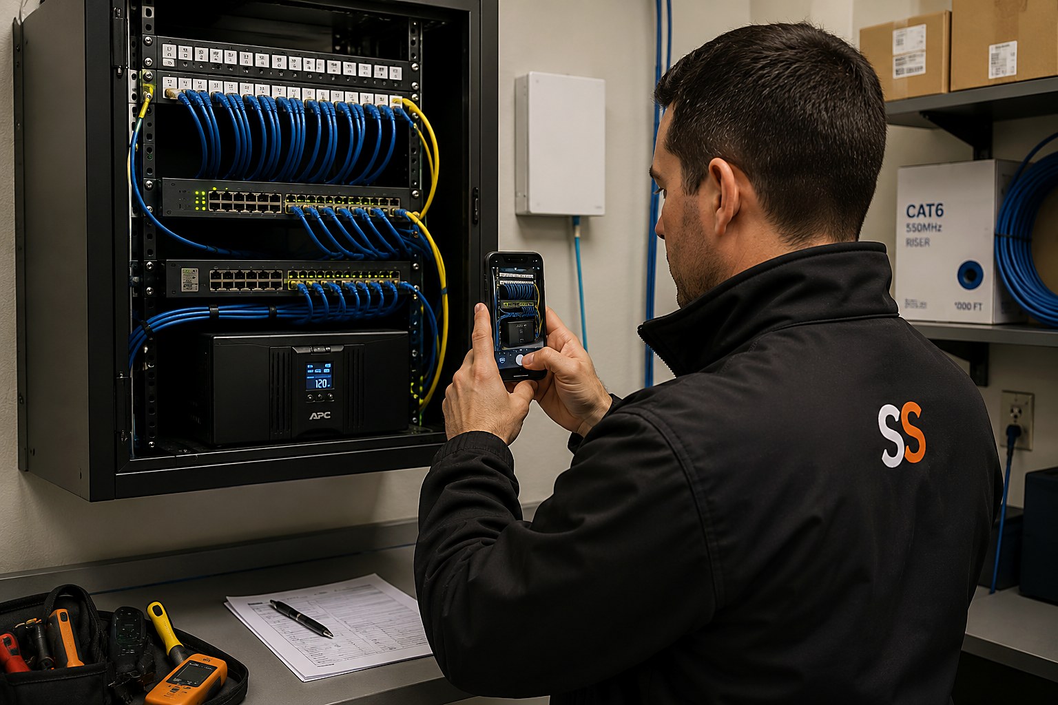 IT technician photographing a wall-mount rack with patch panel, two PoE switches and a UPS while a box of cat6 sits on the shelf behind him