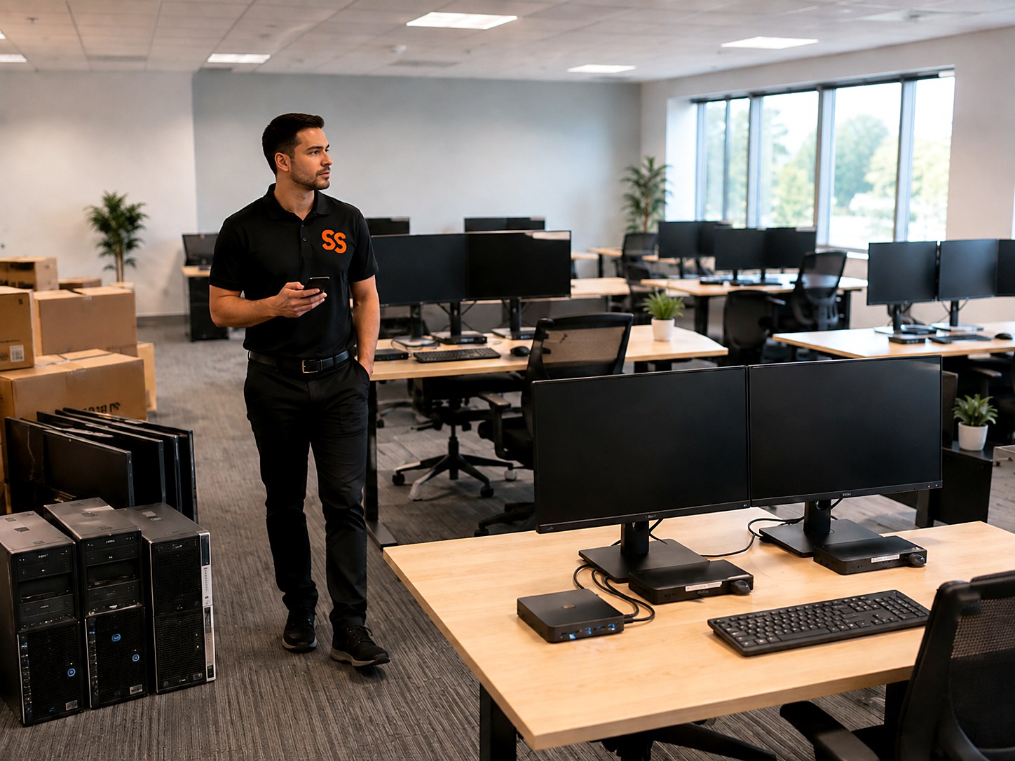 IT rep with a phone walking an open office of desks with dual monitors and docks, past stacked old tower PCs and new equipment boxes
