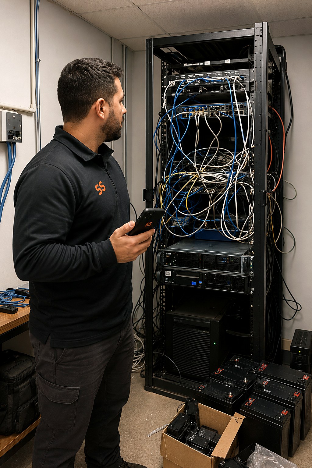 IT technician with a phone assessing a messy open server rack full of tangled patch cables, with replacement UPS batteries staged on the floor