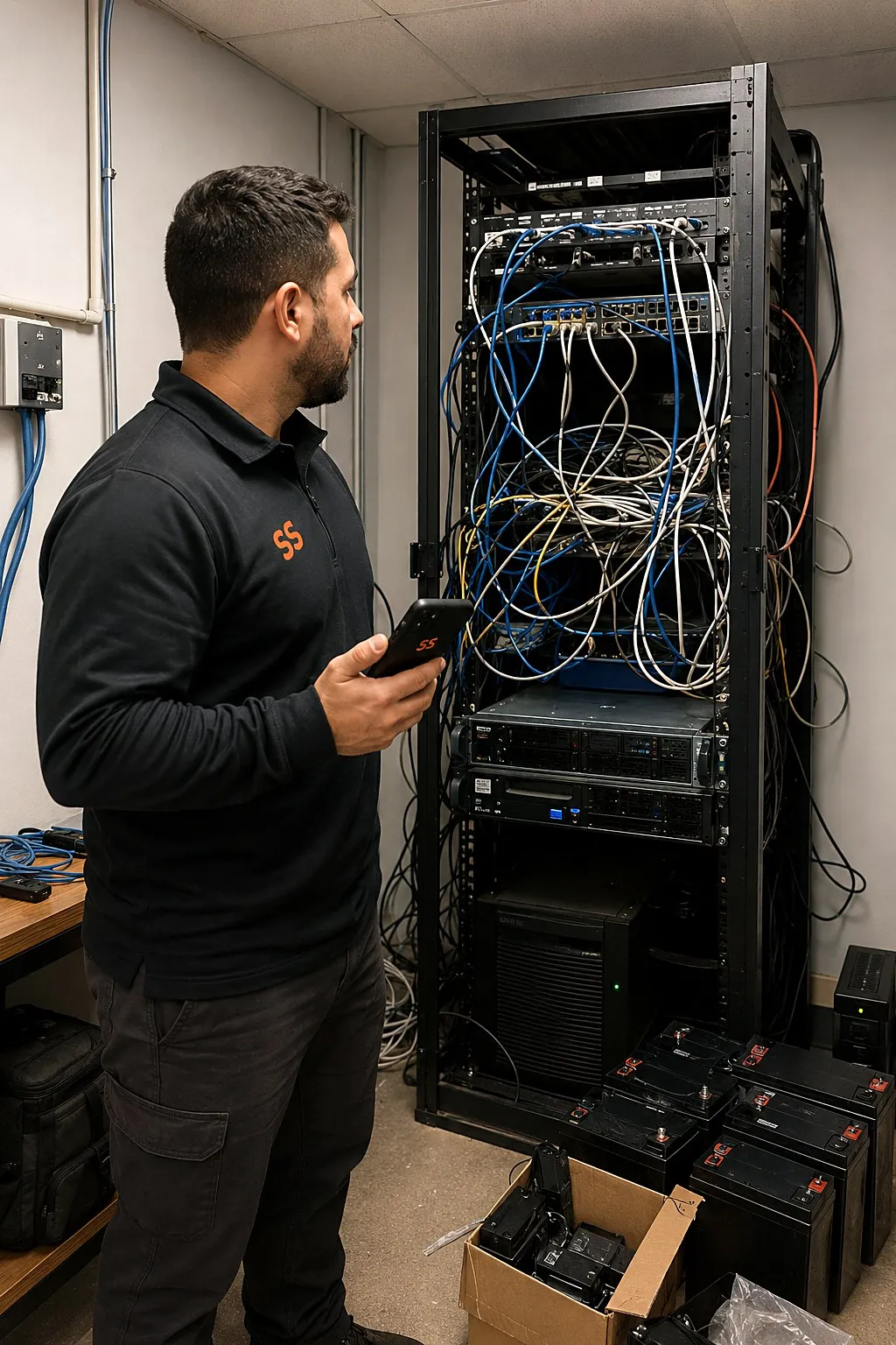 IT technician with a phone assessing a messy open server rack full of tangled patch cables, with replacement UPS batteries staged on the floor