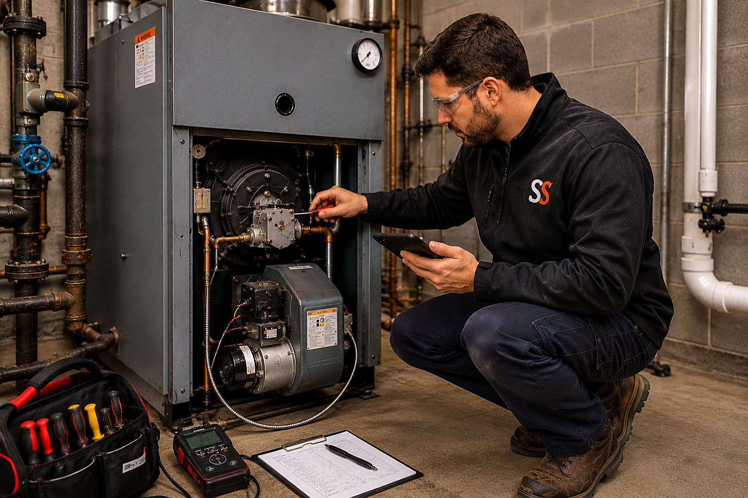 Mechanical technician with a phone crouched at an open commercial boiler checking the gas valve and burner, with a combustion analyzer and tool bag on the floor