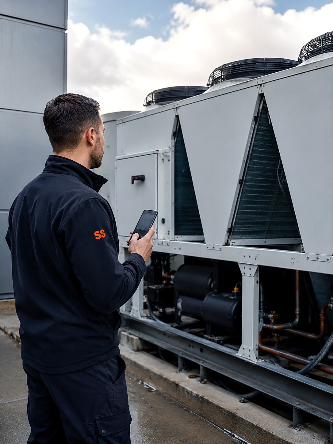 Mechanical technician with a phone assessing an air-cooled chiller, with condenser coils, fan sections and refrigerant piping visible