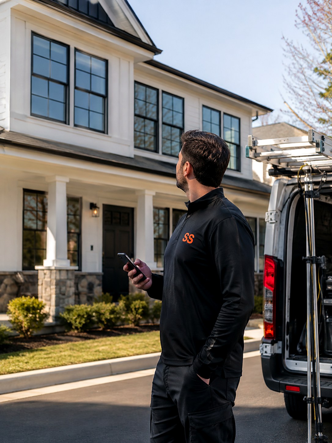 Window cleaning estimator with a phone counting panes on a two-story home from the driveway, with a ladder-racked van and water-fed pole behind him