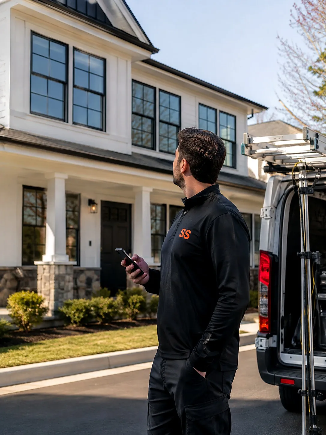 Window cleaning estimator with a phone counting panes on a two-story home from the driveway, with a ladder-racked van and water-fed pole behind him