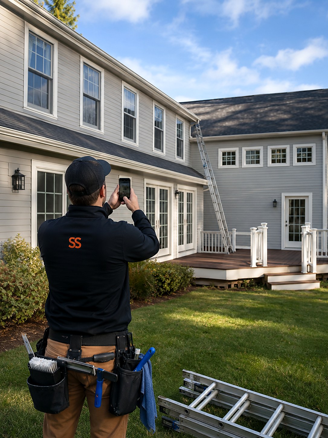 Window cleaner photographing the rear elevation of a two-story colonial with an extension ladder set against the roofline and a second ladder staged on the lawn