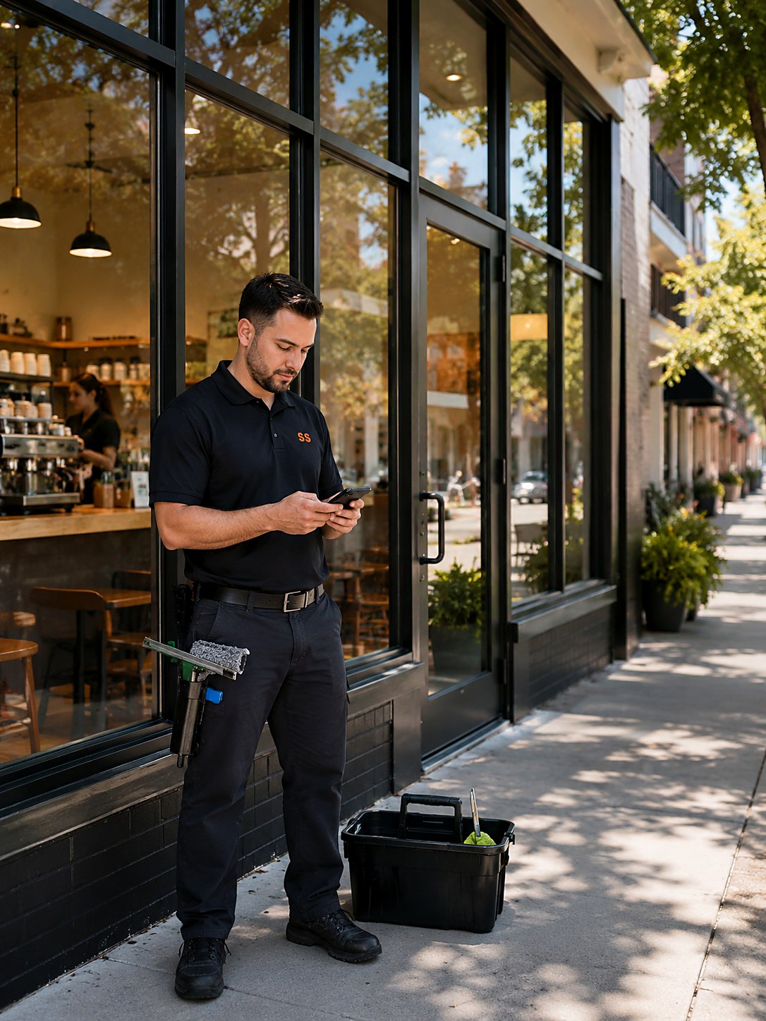 Window cleaner on a sidewalk outside a coffee shop working a quote on his phone, with plate-glass panels and the glass entry door behind him and a bucket at his feet