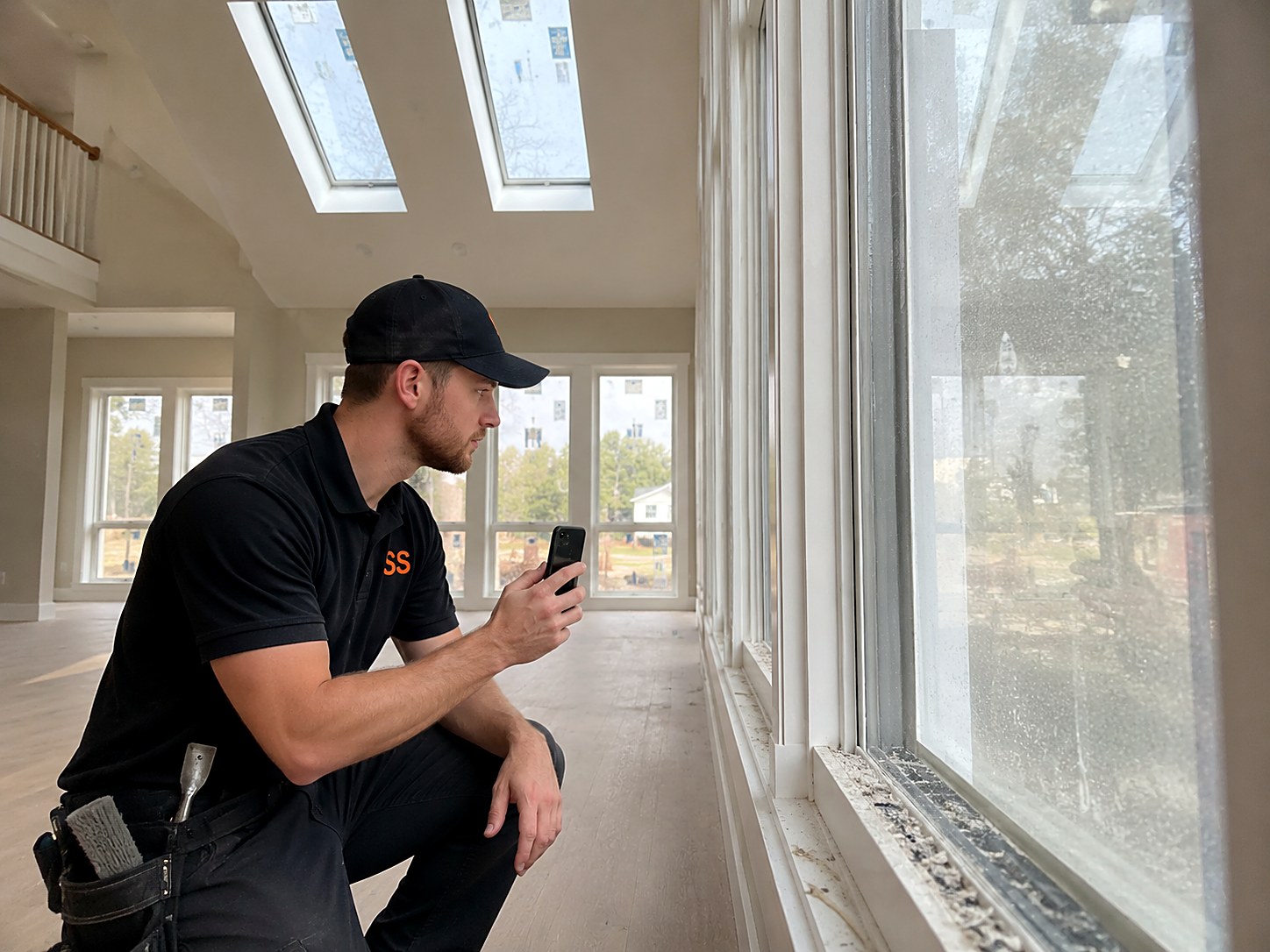 Window cleaner crouched in an unfinished new build photographing hazy windows with stickers still on the glass, debris packed in the track and skylights overhead