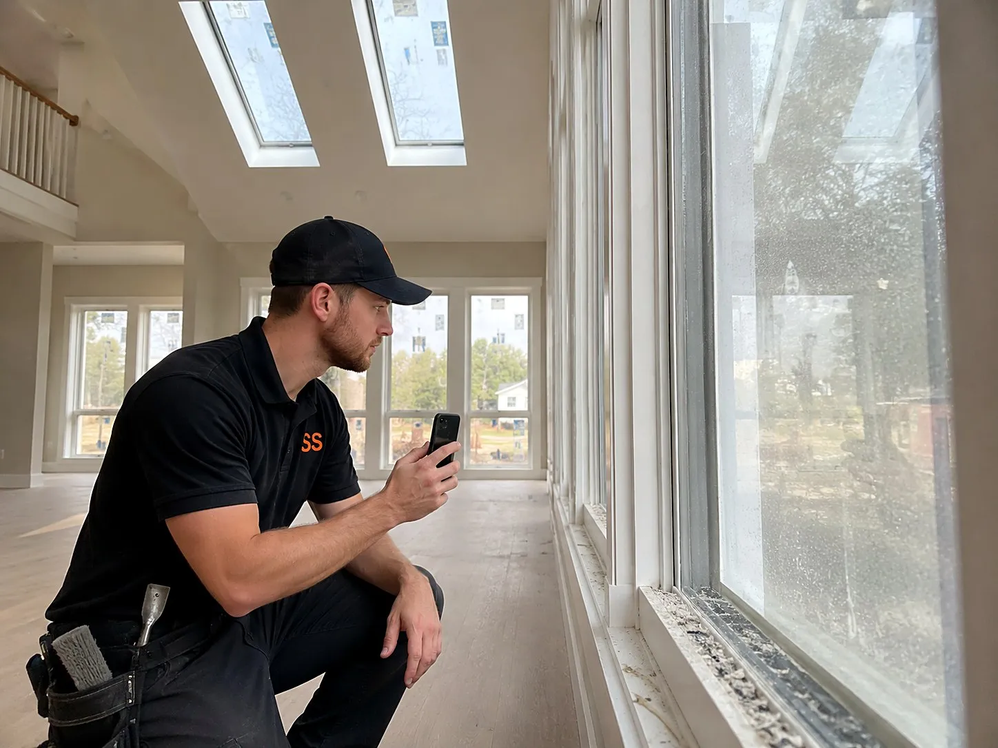 Window cleaner crouched in an unfinished new build photographing hazy windows with stickers still on the glass, debris packed in the track and skylights overhead