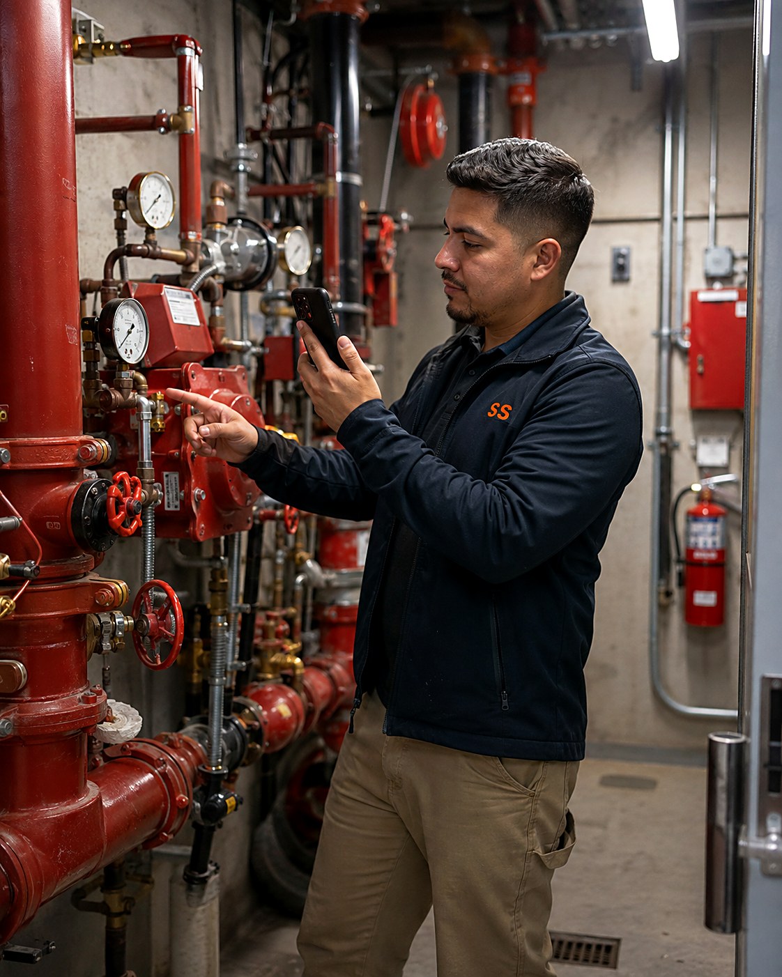 Fire protection technician photographing a sprinkler riser with his phone while pointing at a valve, with gauges, alarm bells and an extinguisher in the riser room