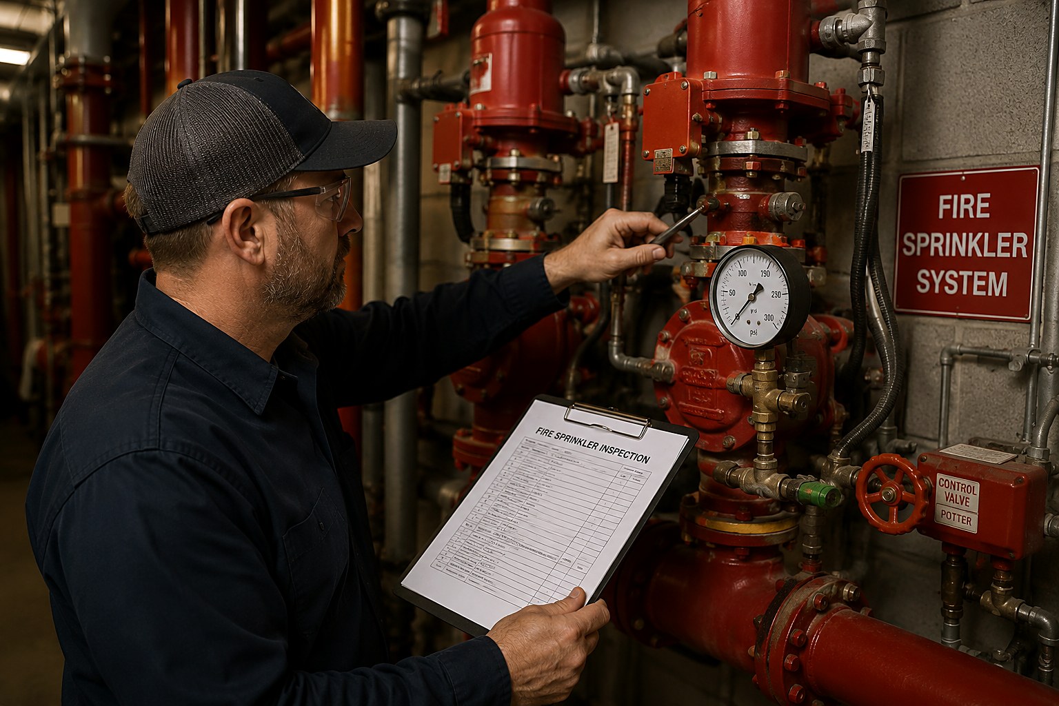 Fire protection inspector checking the pressure gauge on a wet sprinkler riser during an annual inspection