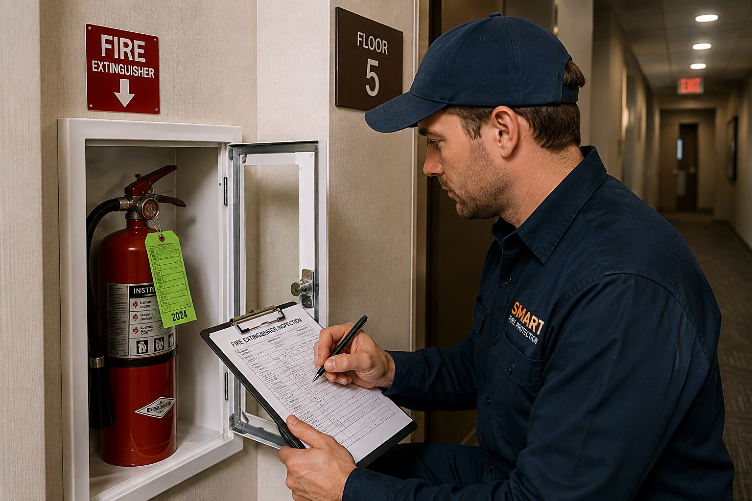 Fire protection technician servicing a wall-cabinet fire extinguisher with a service tag on an office floor corridor