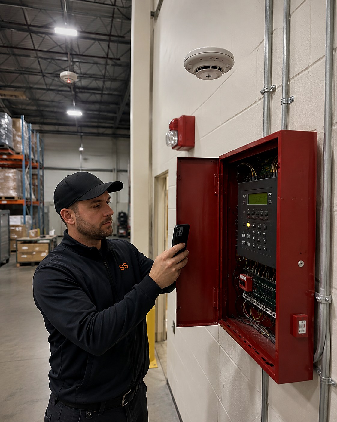 Fire protection technician photographing an open fire alarm control panel in a warehouse, with a horn strobe and smoke detectors nearby