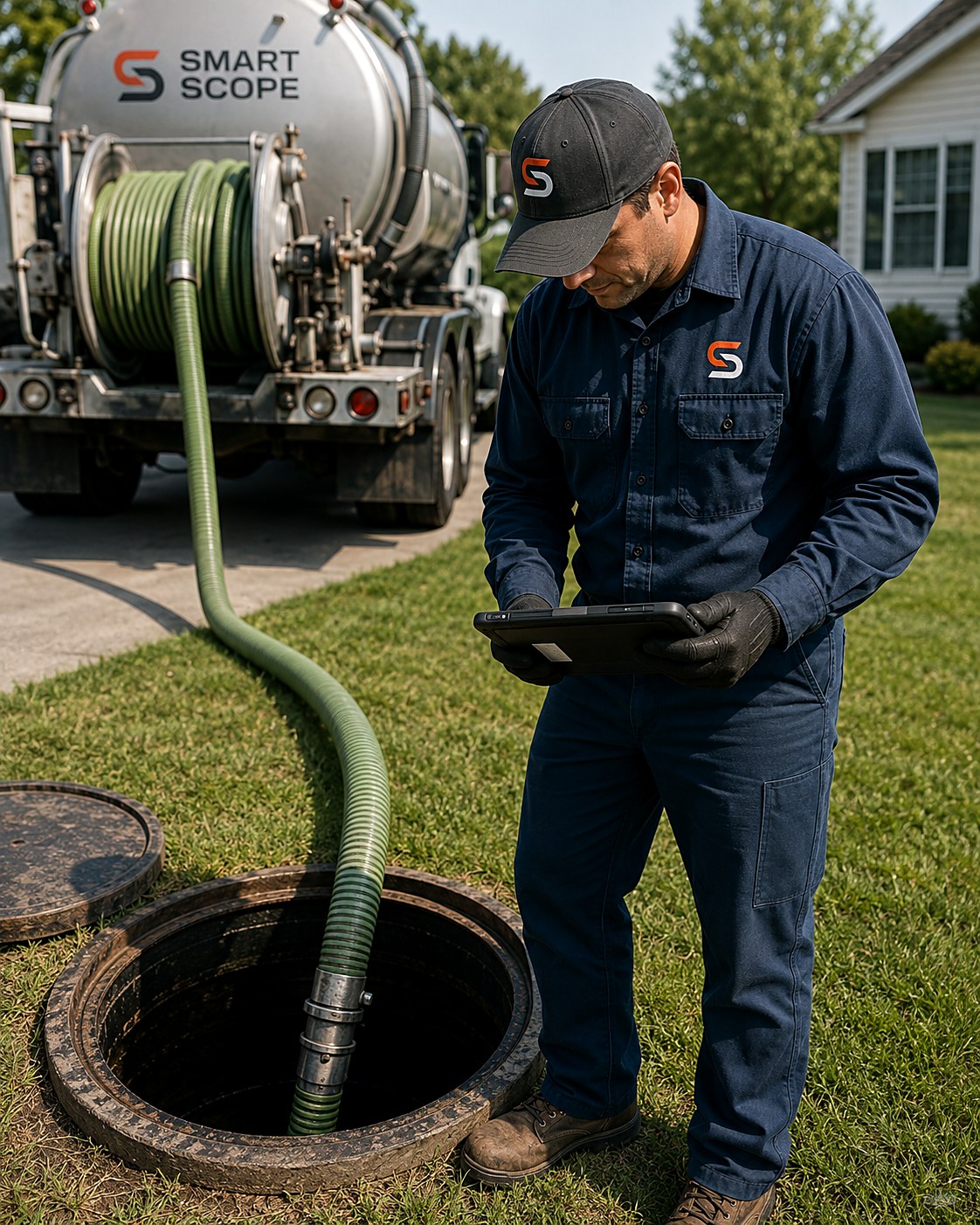 Septic technician scoping a pump-out at an open tank lid with a tablet while the vacuum hose runs from the truck