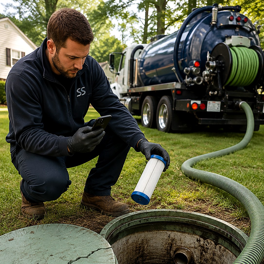 Septic technician scoping an open tank with a phone, holding an effluent filter next to a cracked riser lid while the pump hose runs to the truck