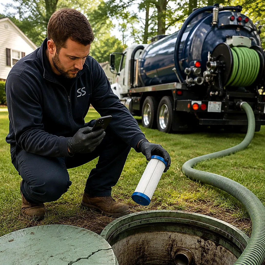 Septic technician scoping an open tank with a phone, holding an effluent filter next to a cracked riser lid while the pump hose runs to the truck