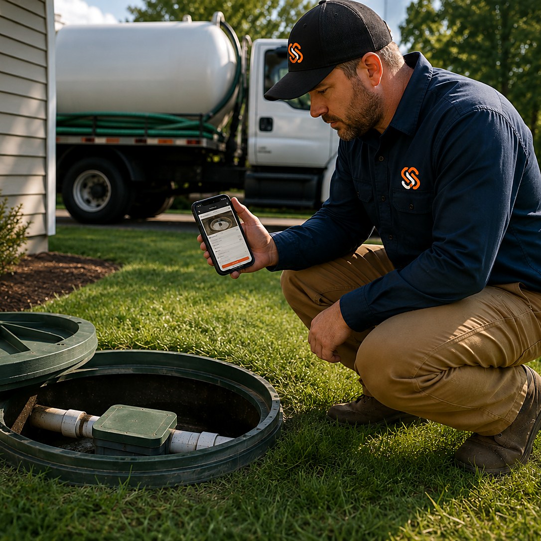 Septic technician crouched at an open riser documenting a distribution box on his phone during a point-of-sale inspection