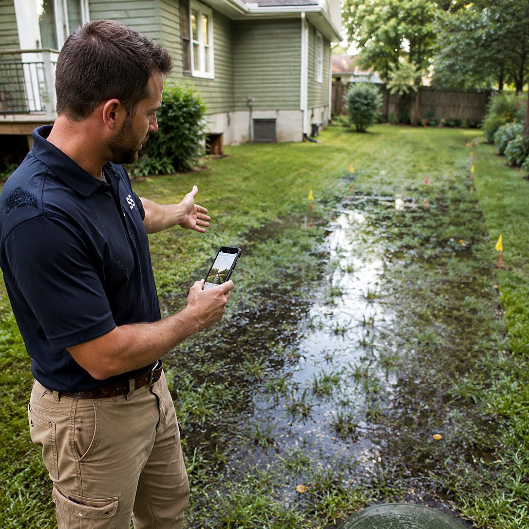 Septic technician standing over a failed drainfield with standing water above the laterals, scoping the replacement on his phone