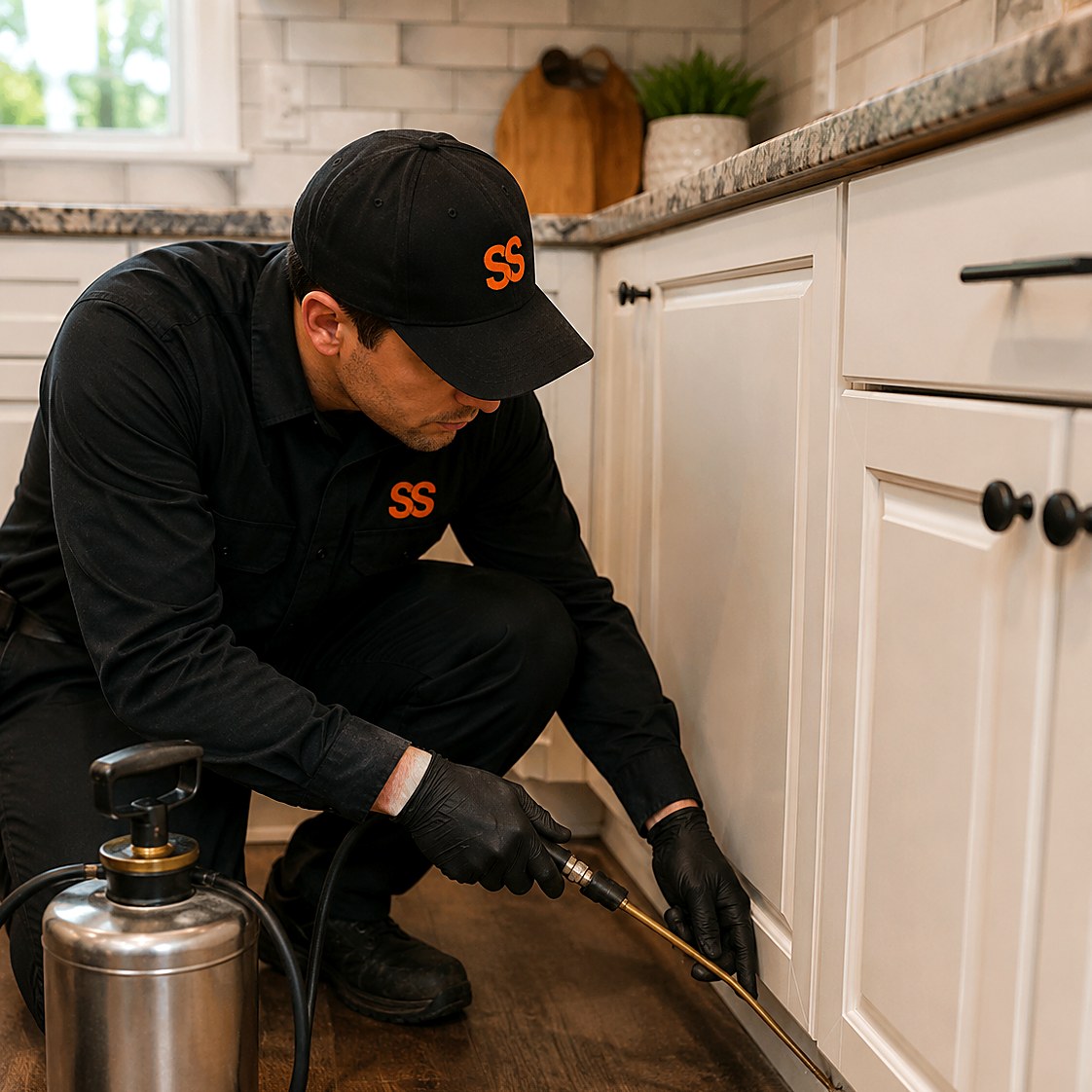 Pest control technician at a kitchen baseboard working the wall line where a carpenter ant trail was found