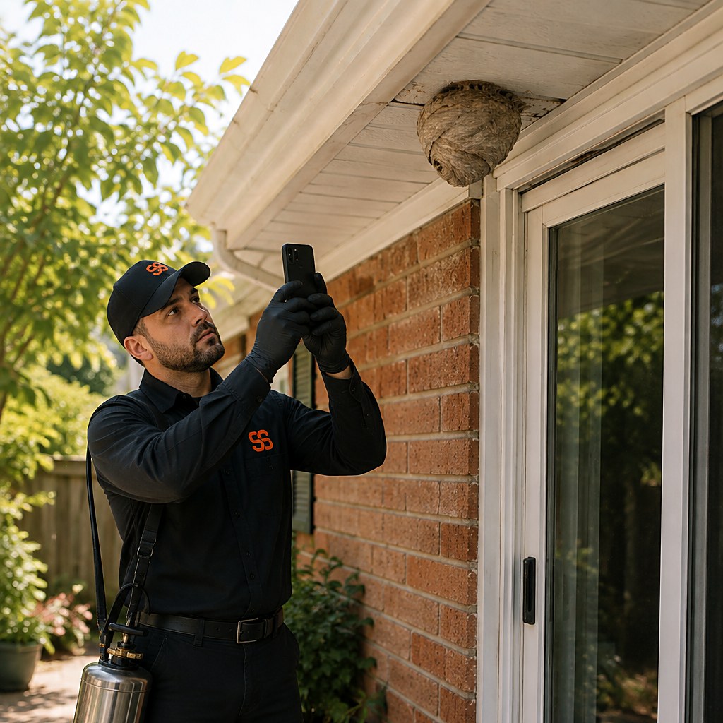 Paper wasp nest tucked under the eave above a sliding patio door, with a technician's gloved hand reaching it from below