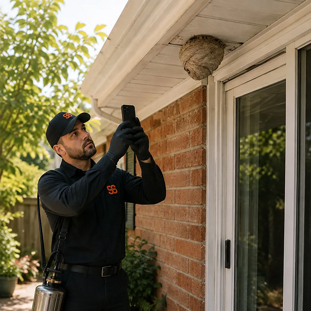 Paper wasp nest tucked under the eave above a sliding patio door, with a technician's gloved hand reaching it from below
