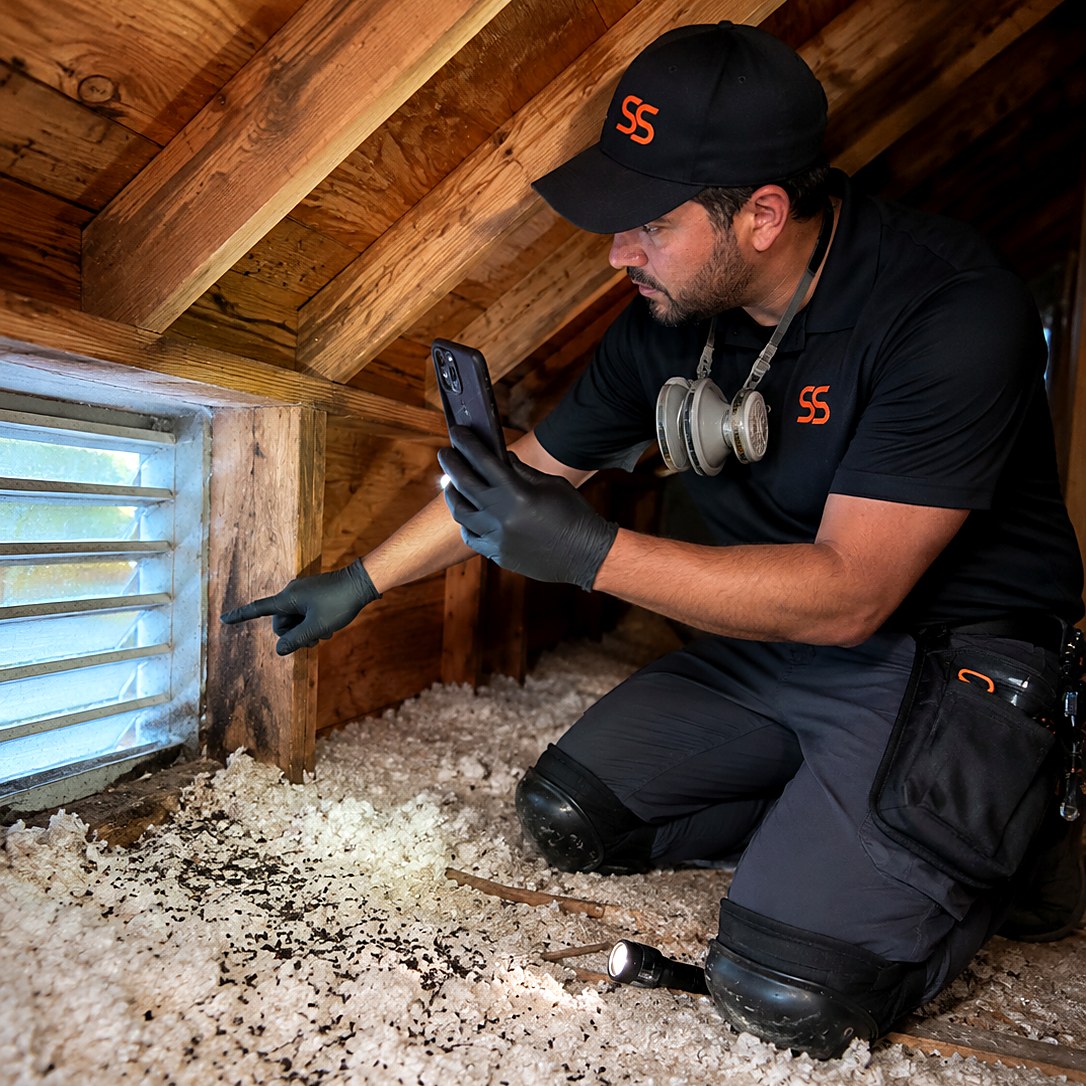 Pest control technician kneeling in an attic photographing rodent droppings across the insulation and rub marks at the gable vent
