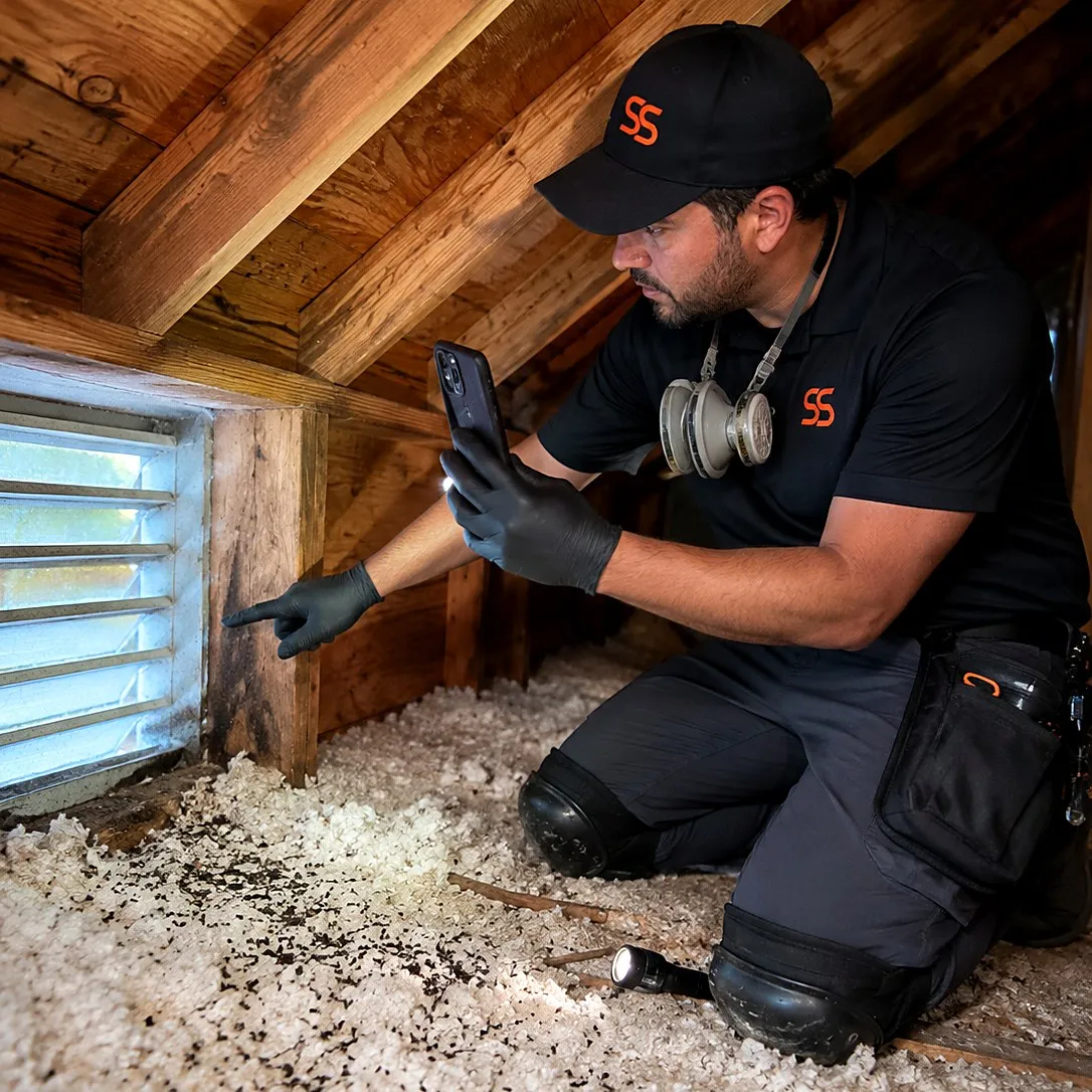 Pest control technician kneeling in an attic photographing rodent droppings across the insulation and rub marks at the gable vent
