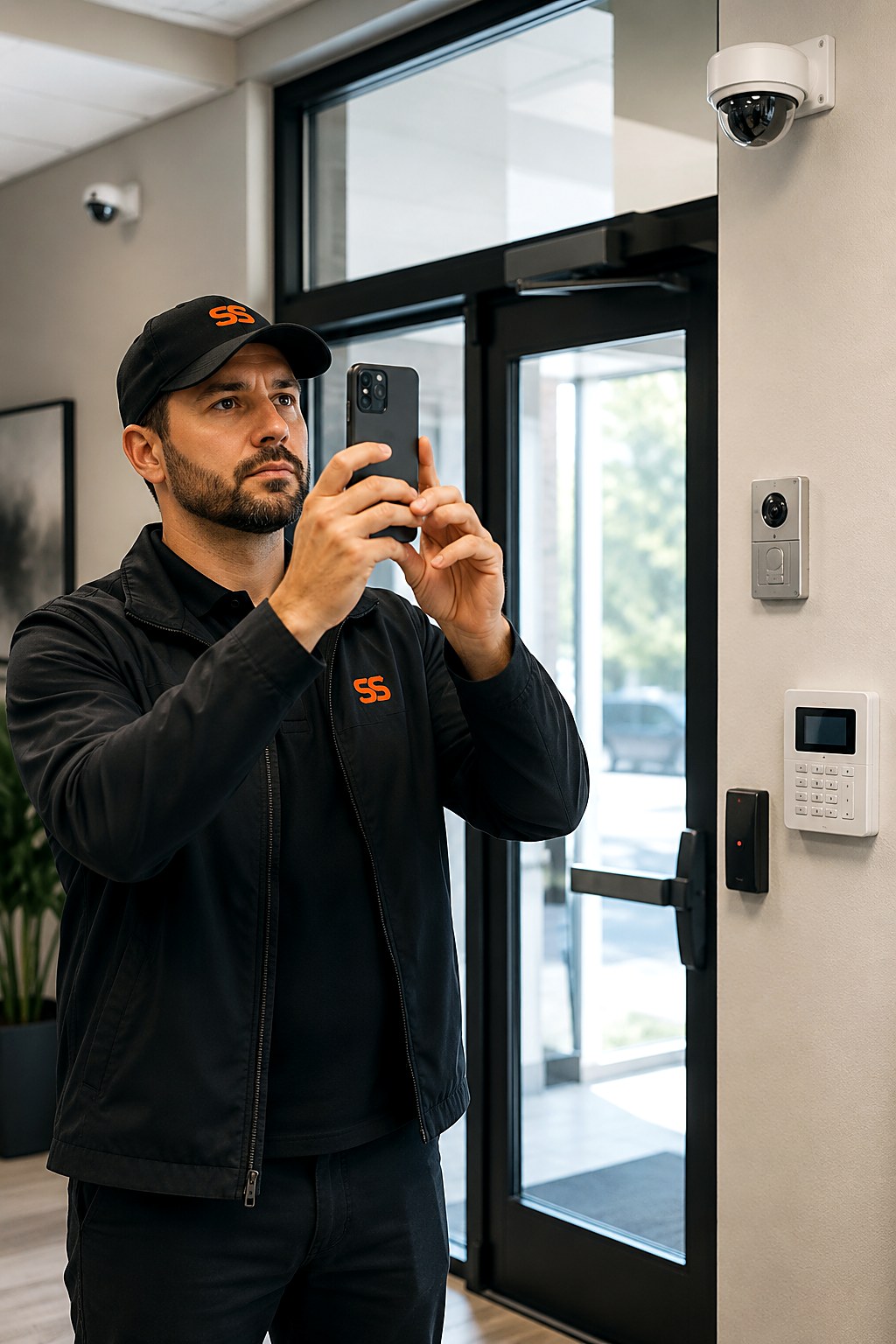 Security technician photographing a dome camera above a commercial entrance during a site survey, with an intercom, keypad and card reader on the wall beside the door
