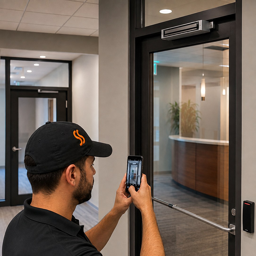 Security technician photographing a maglock above an office glass entry door with a card reader mounted on the wall beside it