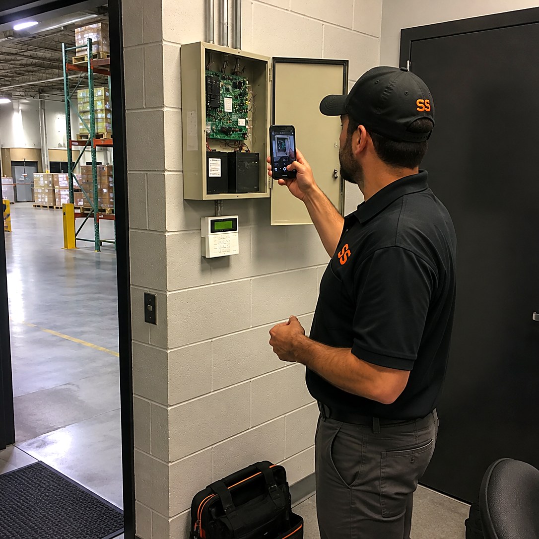 Security technician photographing an open alarm panel enclosure and keypad on a warehouse wall during a takeover survey
