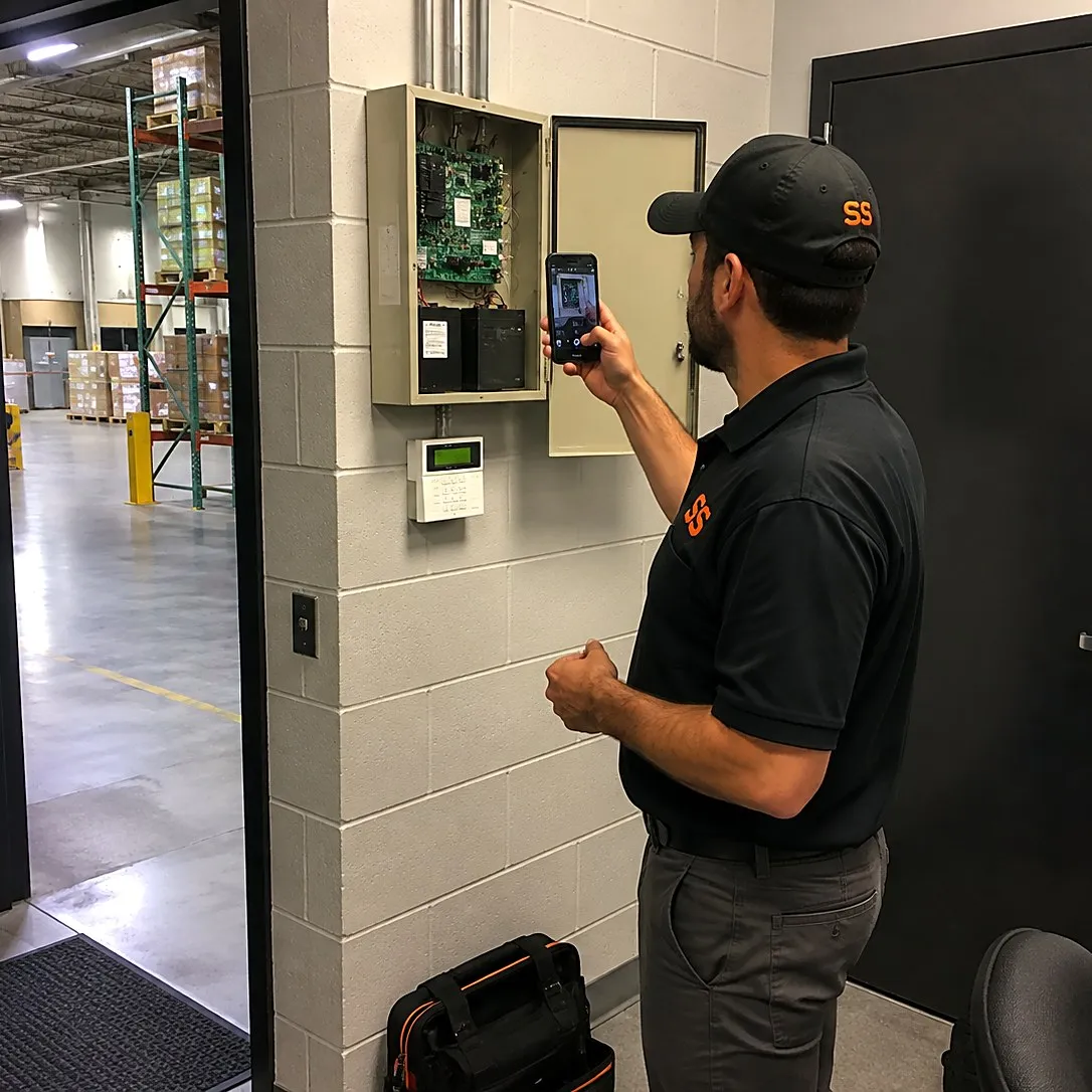 Security technician photographing an open alarm panel enclosure and keypad on a warehouse wall during a takeover survey
