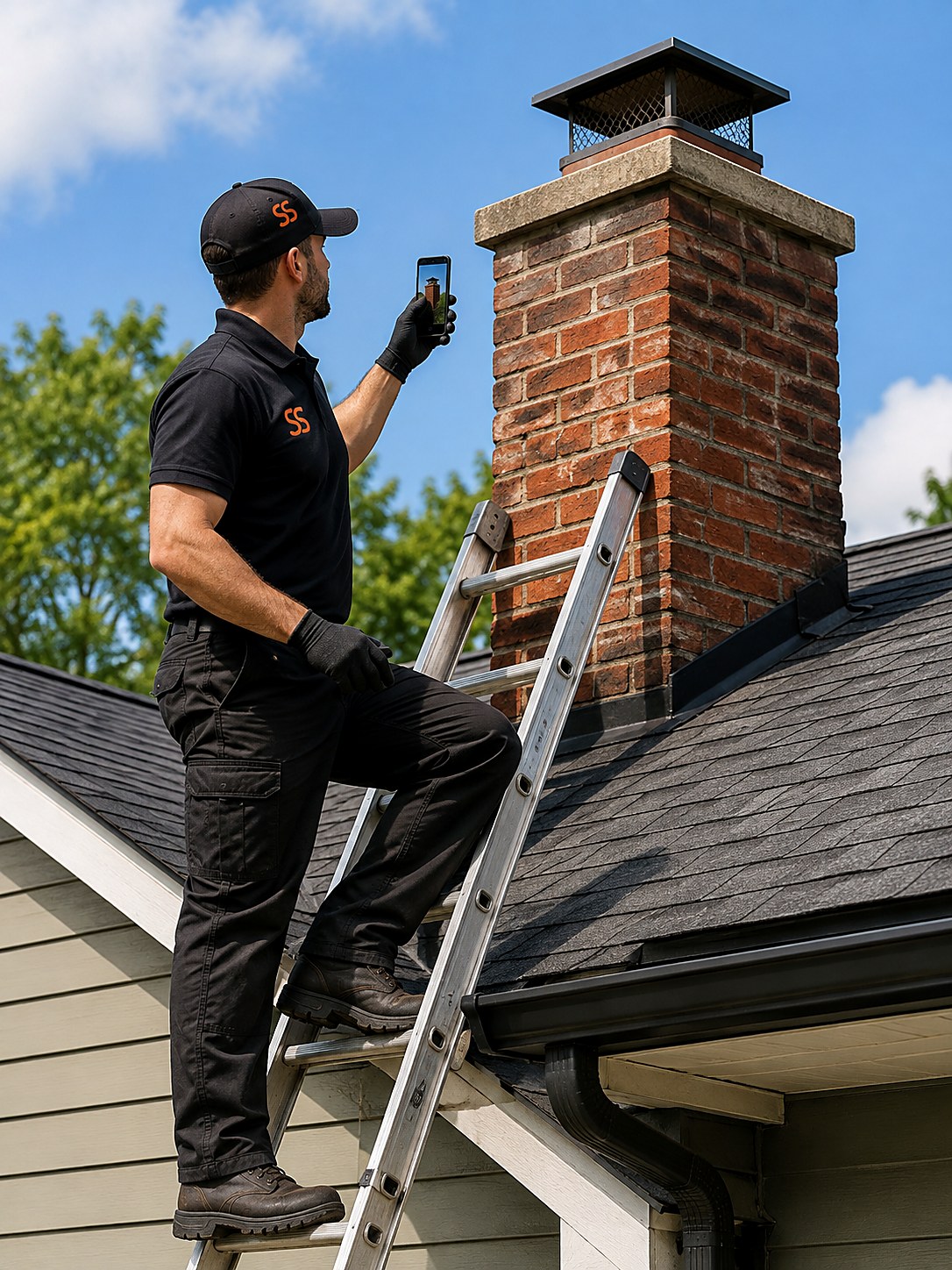 Chimney technician standing on a ladder at the roofline photographing a brick chimney crown and cap on his phone