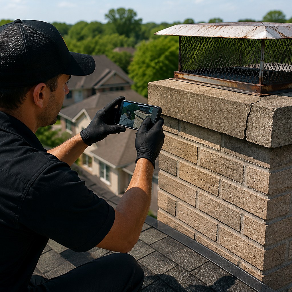 Chimney technician photographing a rusted cap screen and a cracked crown on a rooftop chimney during a level 2 inspection