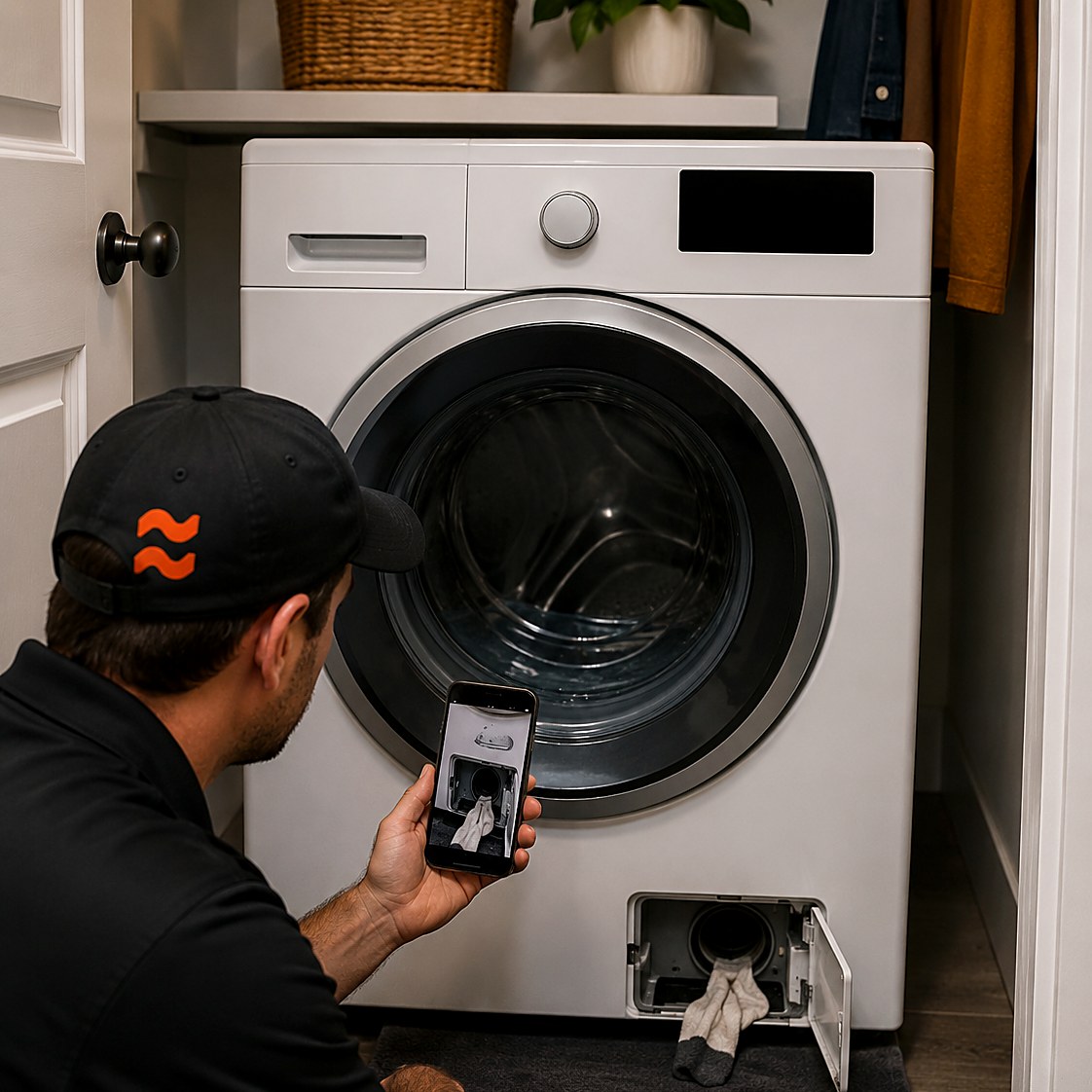 Appliance technician photographing a front-load washer's open filter access door with a sock caught in the filter housing