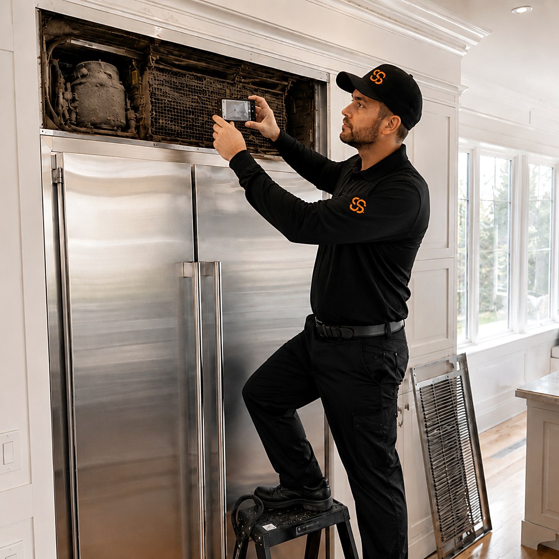 Appliance technician on a step stool photographing the exposed compressor and dust-packed condenser coil above a built-in refrigerator