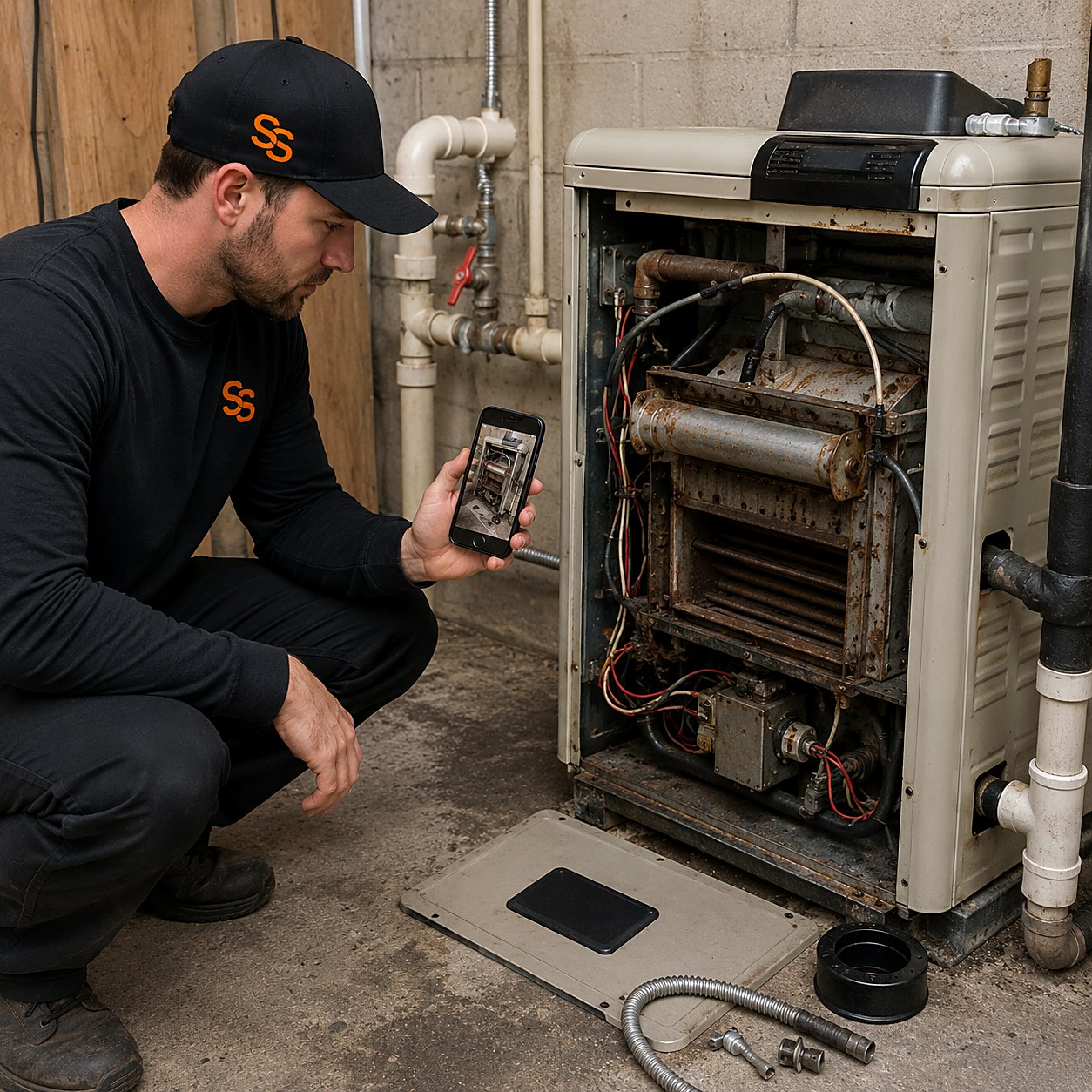 Pool technician photographing a rusted-through pool heater with its front panel removed