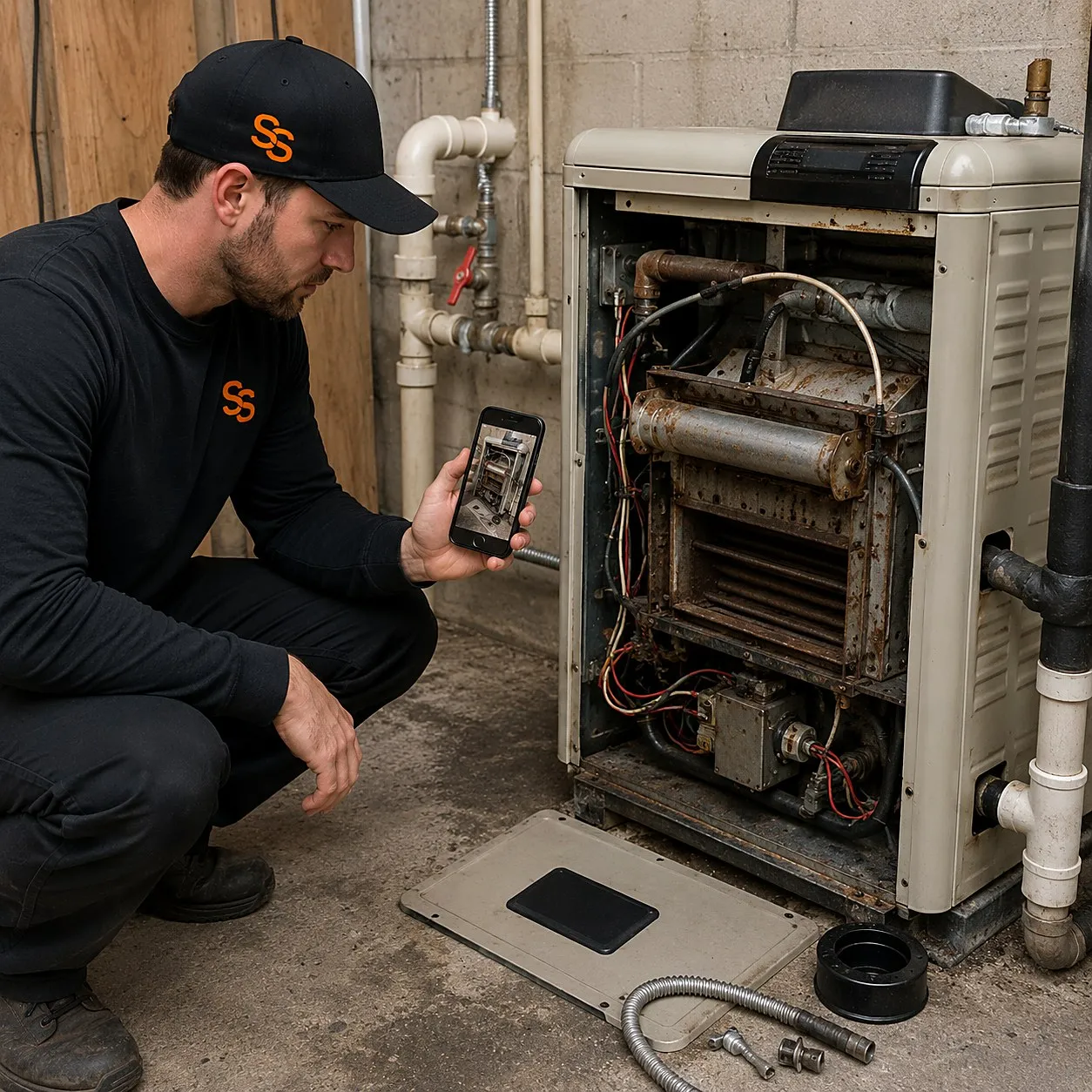 Pool technician photographing a rusted-through pool heater with its front panel removed
