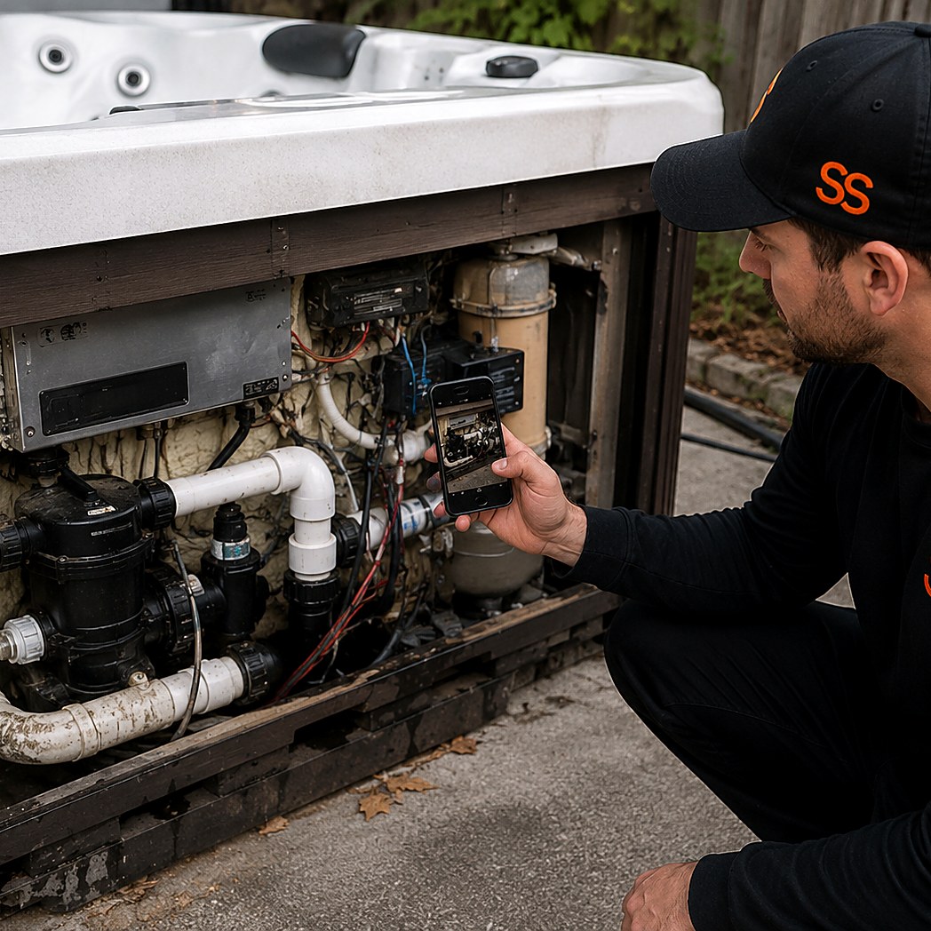 Spa technician photographing the open equipment bay of a hot tub with pump, filter, and heater visible